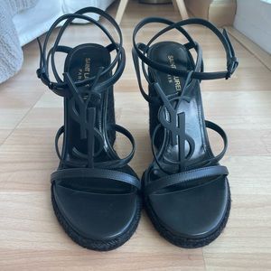 YSL (SAINT LAURENT) BRAND NEW CASSANDRA WEDGE ESPADRILLES IN BLACK.